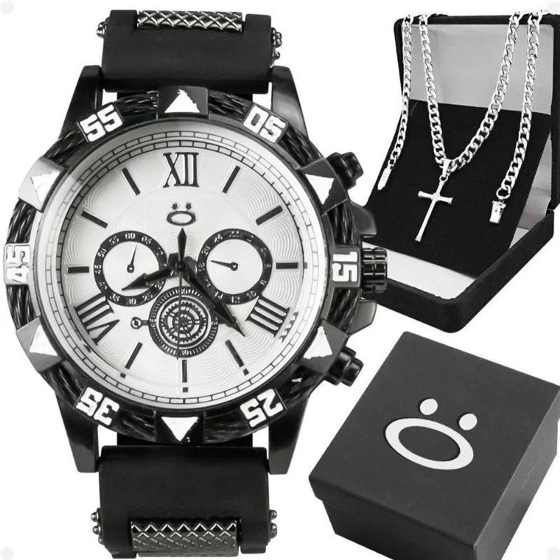 Relogio Masculino Preto Aço Inox + Cordao Crucifixo Branco Pesado Prateado Preto Grumet Robusto