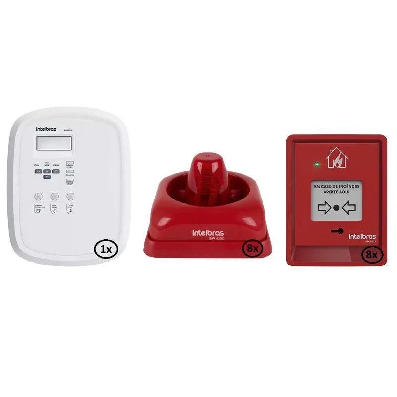 Kit Alarme Incêndio Central 08 Acionador 08 Sirene Intelbras