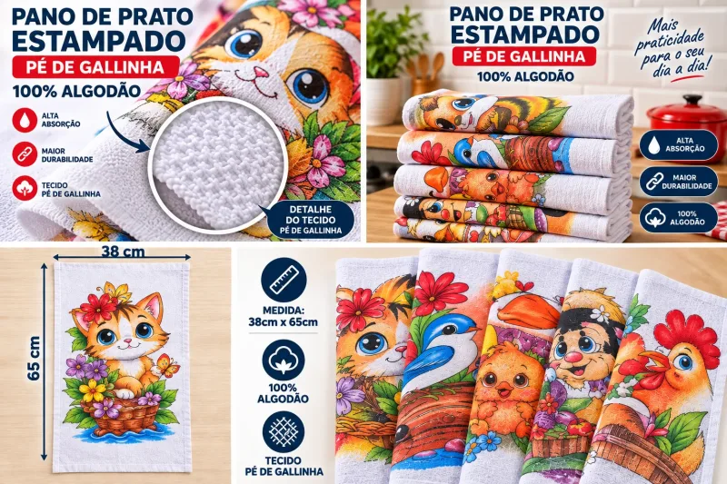 KIT 10 PANOS DE PRATO GALLO ESTAMPADO 39cm X 65cm
