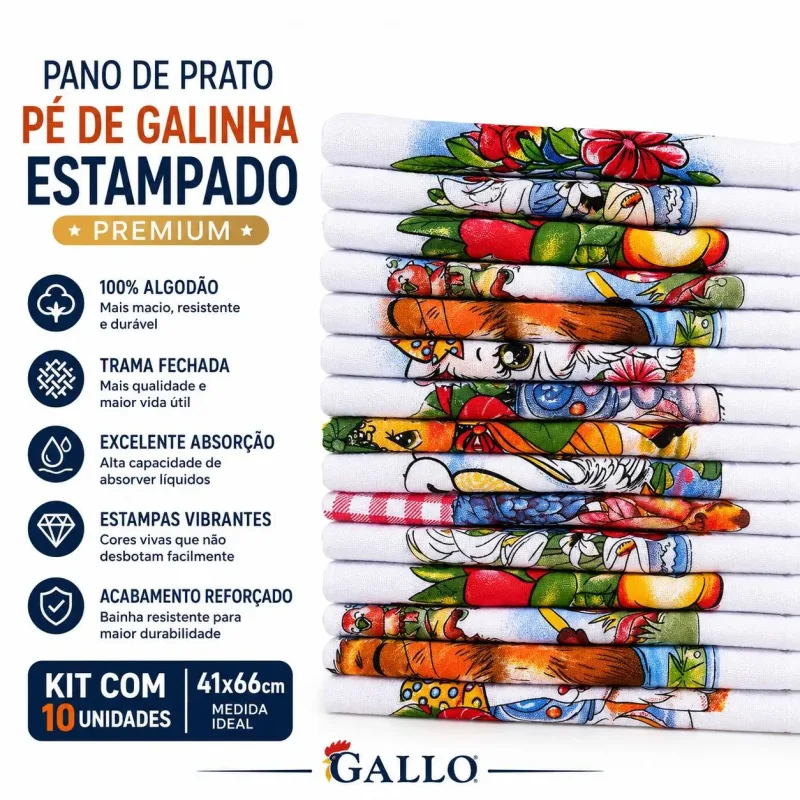 KIT 10 PANOS DE PRATO PÉ DE GALINHA GALLO PREMIUM 41X66 CM ESTAMPADO