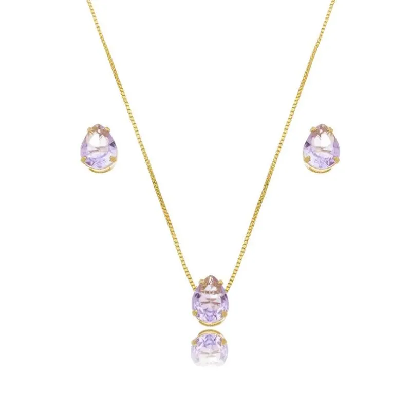 Conjunto Colar E Brinco Gota Lavanda Dourado Lizzy Fatin