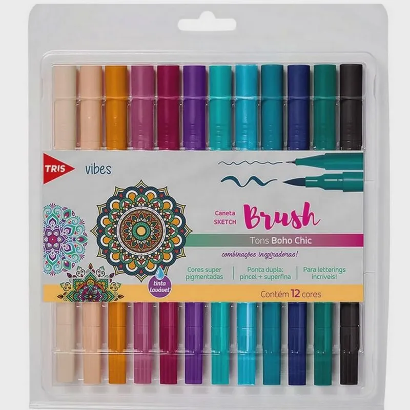 Marcador Brush 12 cores Ponta dupla Tons Boho chic Tris