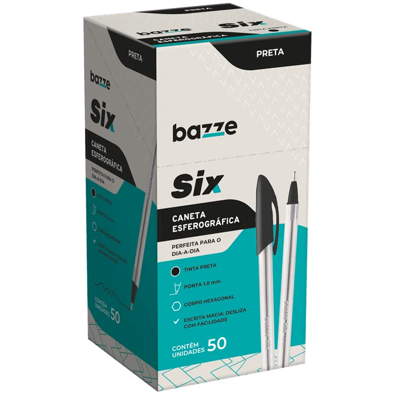Caneta Bazze Esferográfica Preta Six com 50un