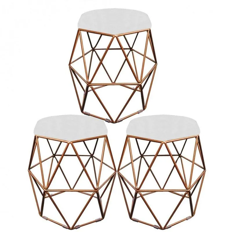 Kit 03 Puff Banqueta Aramado Luna Hexágono Base Bronze Suede Branco