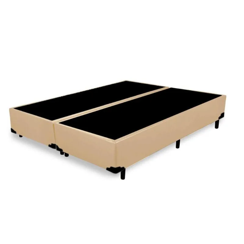 Cama Box King Bipartido Homequeen Sintético Bege Estrutura em Madeira com Pés de Madeira