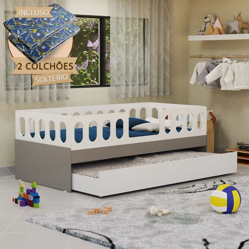 Cama Juvenil Lara Solteiro Com Cama Auxiliar E 2 Colchões Branco E Cinza