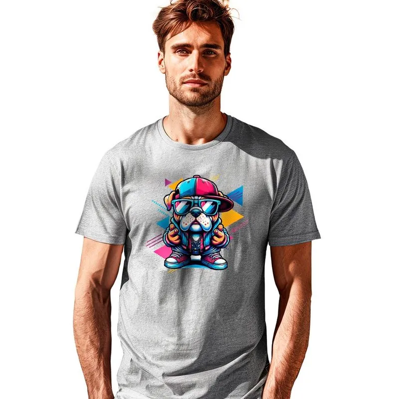 Camiseta Estampada Bulldog Em Algodão Gola U Cinza