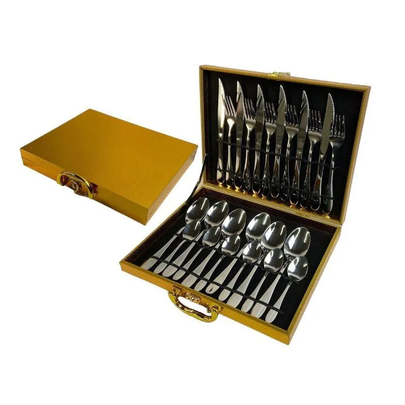 Conjunto 24 Peças Talheres Inox Com Maleta Dourada