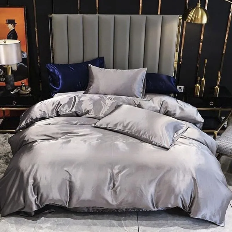 Jogo De Cama Casal Queen Cetim Toque De Seda 7 Peças Prata