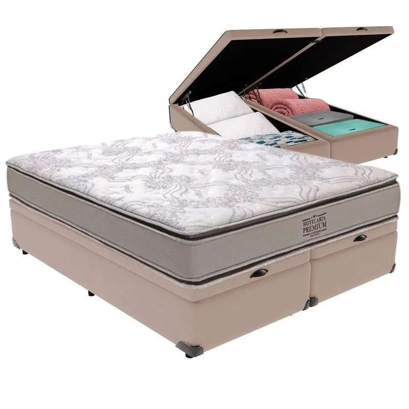 Cama Box com Baú Queen Four Season Bravus Pillow Top Molas Ensacadas Bege Vtech