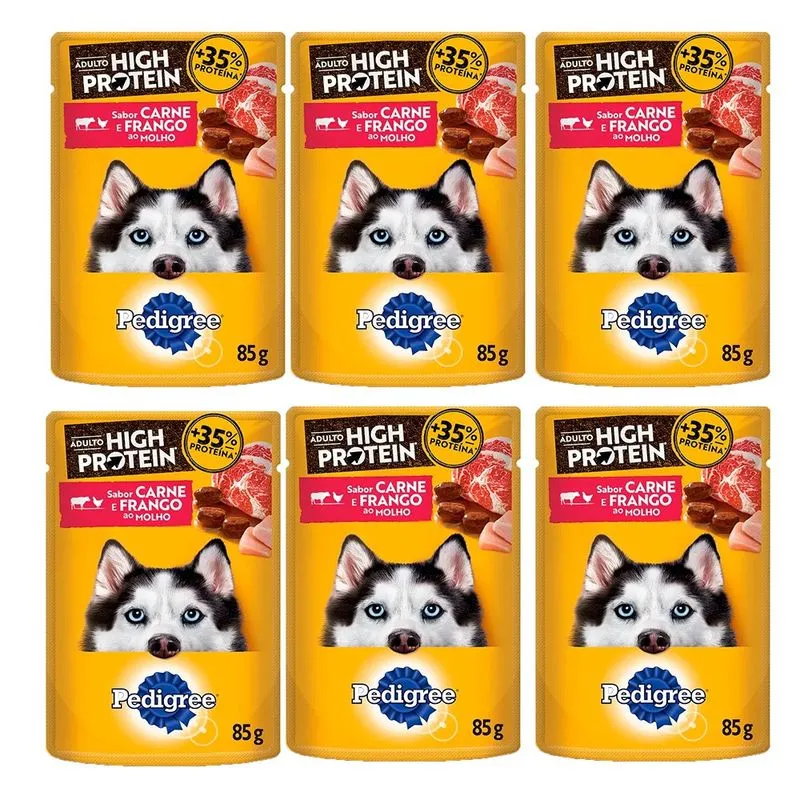 Kit 6un. Ração Úmida Pedigree High Protein Sachê Cães Adultos Carne e Frango Ao Molho 85g