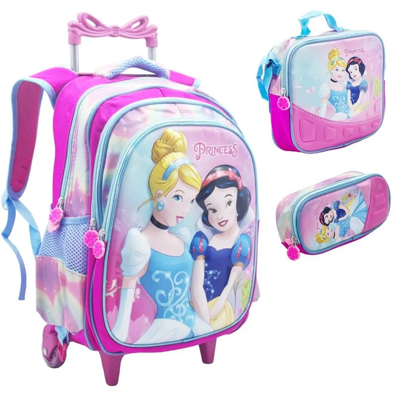 Kit Mochila Infantil Rodinhas Estojo Lancheira Escolar 3D - Princesas