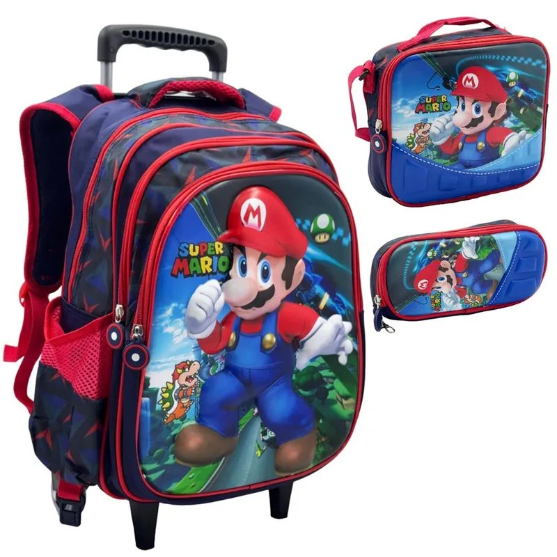 Kit Mochila Infantil Rodinhas Estojo Lancheira Escolar 3D - Mario