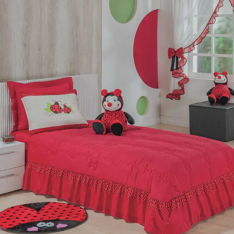 Kit Infantil Joaninha p/ Cama de Solteiro Vermelho 03 Peças - Bordados Ricardo