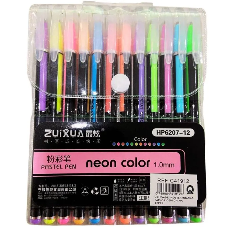 Kit 12 Canetas Coloridas Gel Escolar Perfumadas Glitter Neon