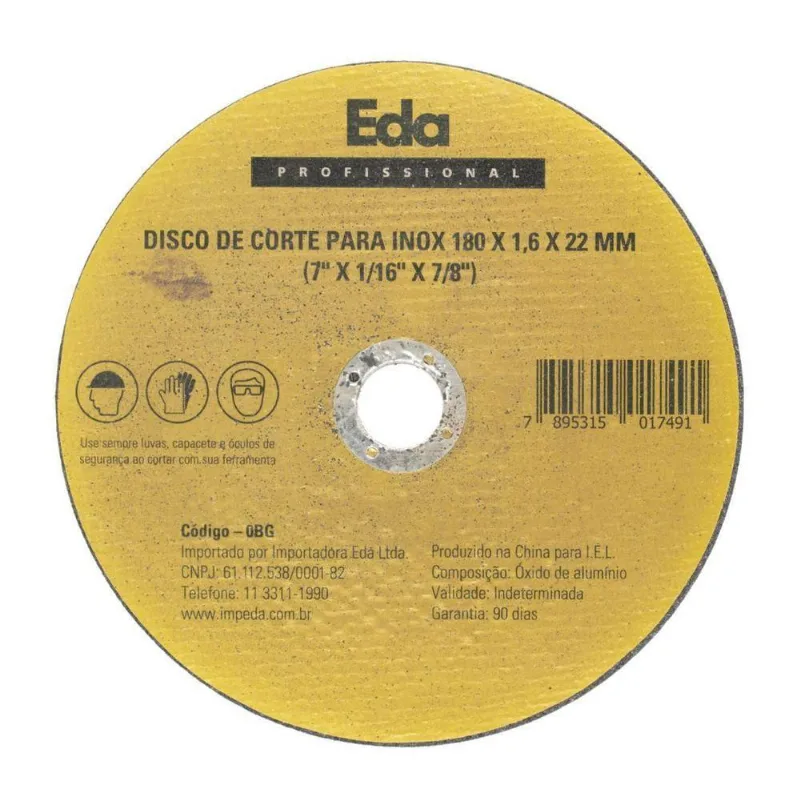 Disco De Corte Para Inox - Med. 180 X 1,6 X 22mm - Eda