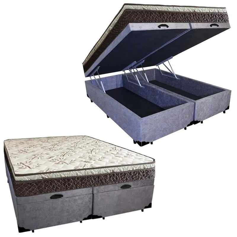 Cama Box Baú Queen Suede Bipartido + Colchão Elegance Ortopédico Espuma D33 Extra Firme 158x198x63