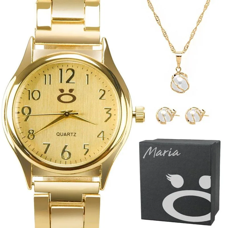 Relogio Feminino Banhado Dourado + Colar Brinco + Caixa