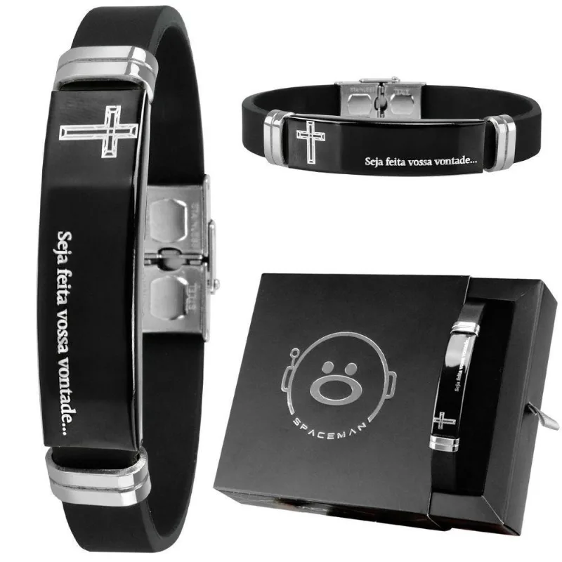 Pulseira Masculina Orizom Pai Nosso Silicone E Aço Ajustável Preto
