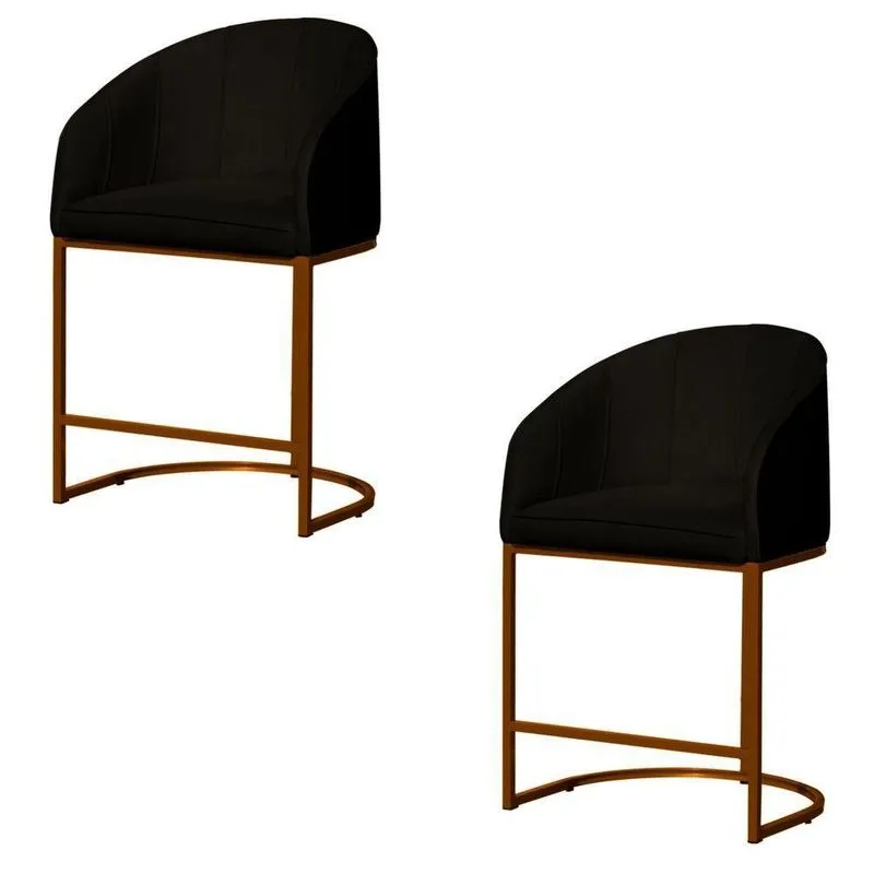 Kit 02 Banco Banqueta Poltrona Mia Base Metal Bronze Veludo Preto