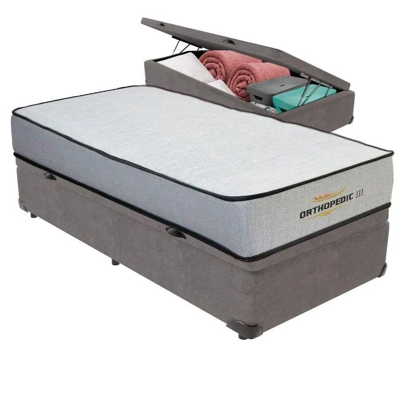 Cama Box Com Baú Solteirão Bravus Ortopillow Ortopédico Cinza Vtech