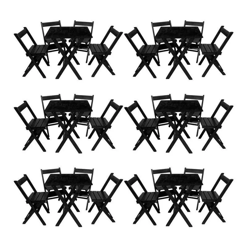 Kit 6 Conjuntos Mesa Dobrável 70x70 Com 4 Cadeiras Em Madeira Maciça - Preto - Preto