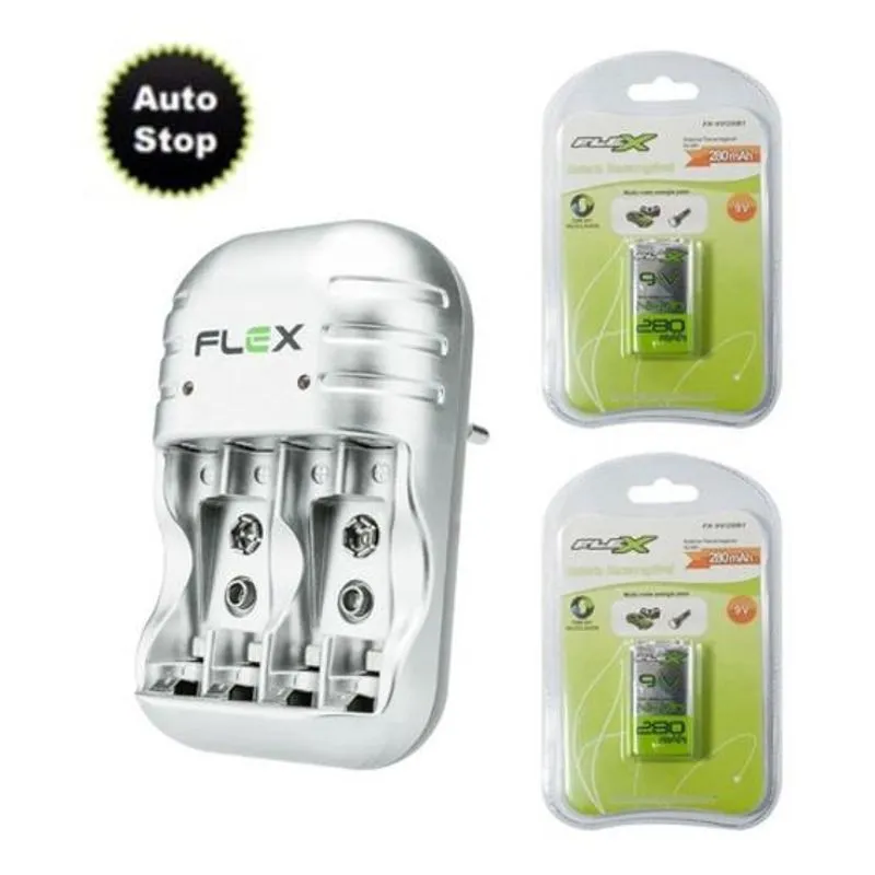 Kit 2 Baterias 9v Recarregável Flex + Carregador Auto Stop