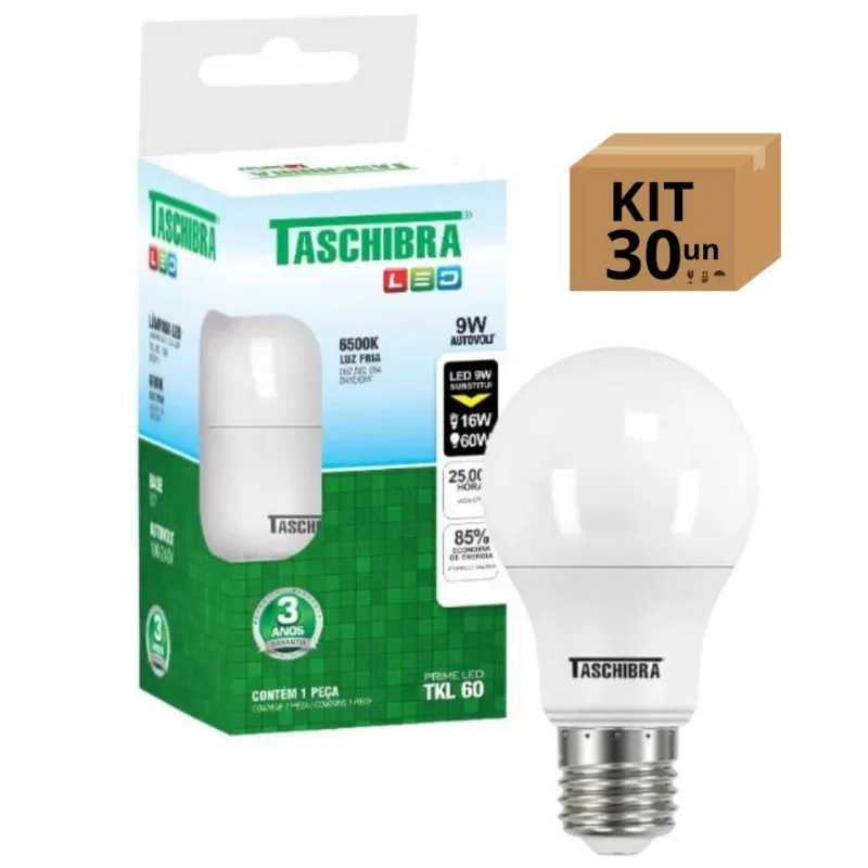 Kit 30un Lâmpada Bulbo Led Taschibra Tkl Bivolt E27 9w 6500k