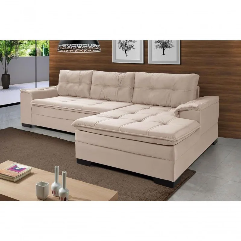 Sofá Viena Chaise Suede Fixo Pés Madeira Living Confortável Império Areia 376