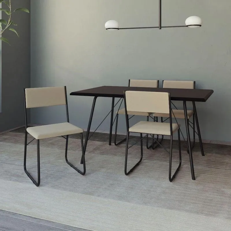 Mesa Jantar Paraty 137cm Tampo Preto Com 4 Cadeiras Angra Estofadas Preta E Bege Preto
