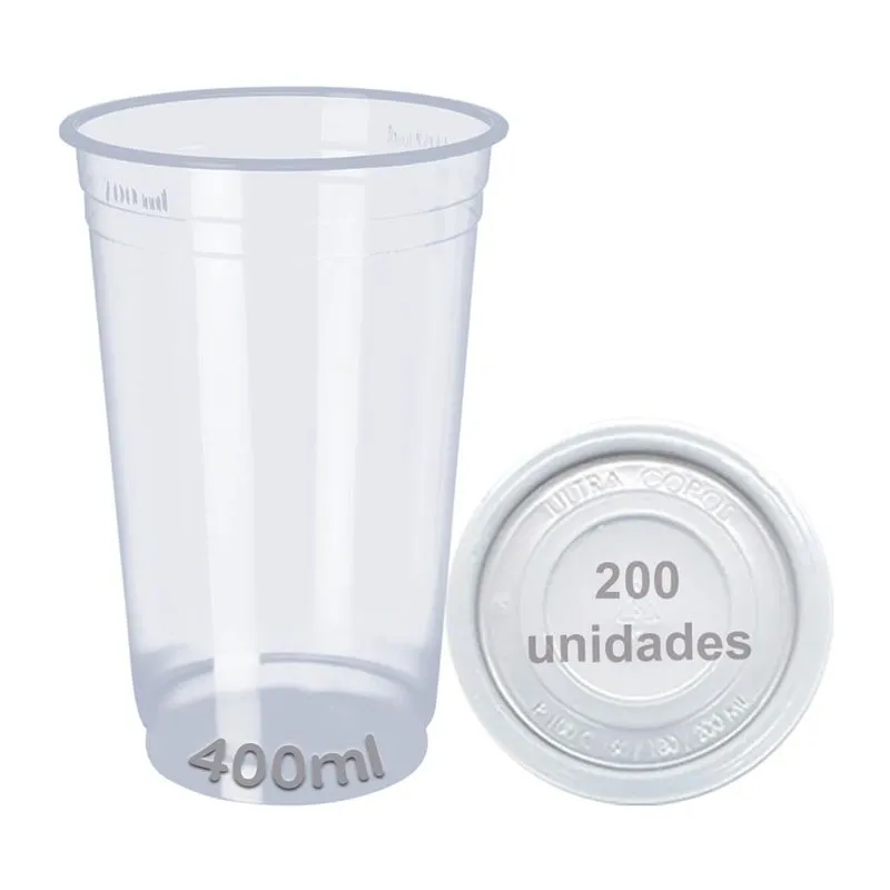 Copo E Tampa C/furo 400ml Descartável Liso C/200 Chopp Suco