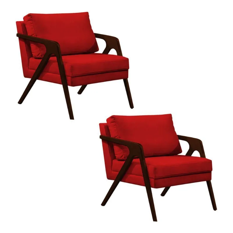 Kit 2 Poltronas Mona Monique Luxo Base Madeira Maciça Castanho Veludo Vermelho