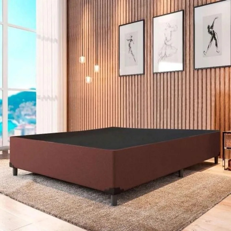 Cama Box Casal Base Simples em Madeira Tecido Sintético Marrom Colchão dos Sonhos