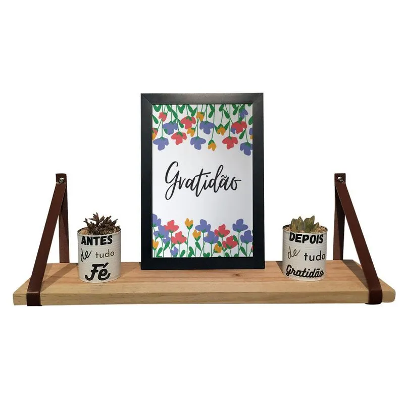 Kit 2 Prateleiras De Pinus 40cm - Alça De Couro Marrom