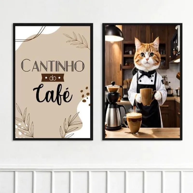 Kit 2 Quadros Cantinho Do Café Gatinho 33X24Cm