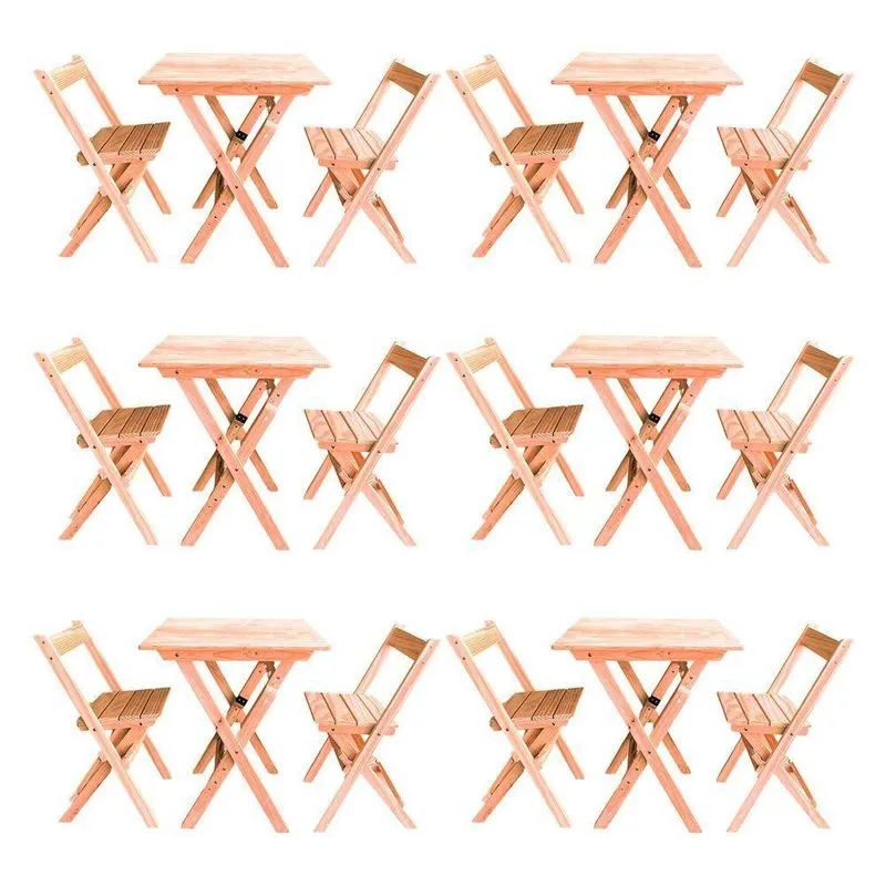 Kit 6 Conjuntos Mesa Dobrável Para Bar E Restaurante 60x60cm Com 2 Cadeiras Em Madeira Maciça - Cru - Bege
