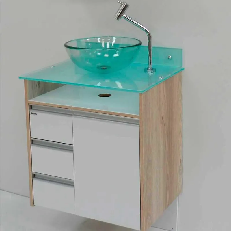 Gabinete Sonata 62cm com tampo e cuba de vidro branco e madeirado Bonatto