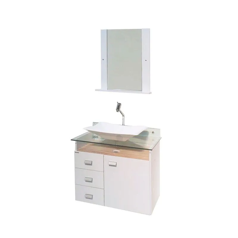 Gabinete de banheiro com cuba e espelheira Classic 39x68cm branco e madeirado Bonatto