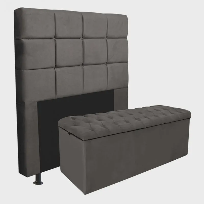 Kit Cabeceira Estofada e Calçadeira Recamier Espanha 90cm Solteiro Quarto Box Suede Cinza - Ahazzo Móveis