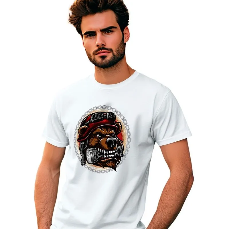 Camiseta Estampada Masculina Mad Bear Em Algodão 100% Gola U Branca