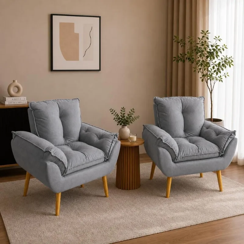Kit 2 Poltronas Decorativas Estofadas Suede com Pés Palito Cinza Império Decor