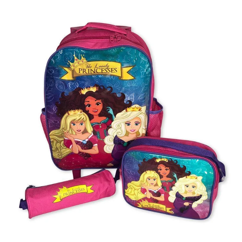 Kit Mochila Infantil Escolar Rocie Princesas De Rodinha Com 3 Peças Rosa