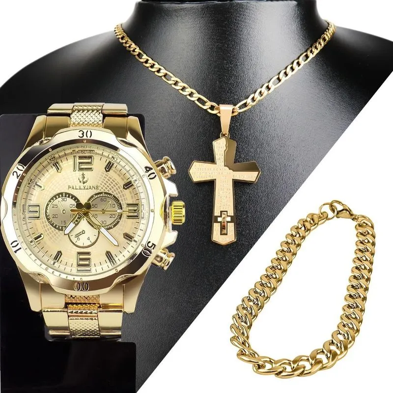 Kit Masculino Dourado Prova Agua Aco Analogico Atacado