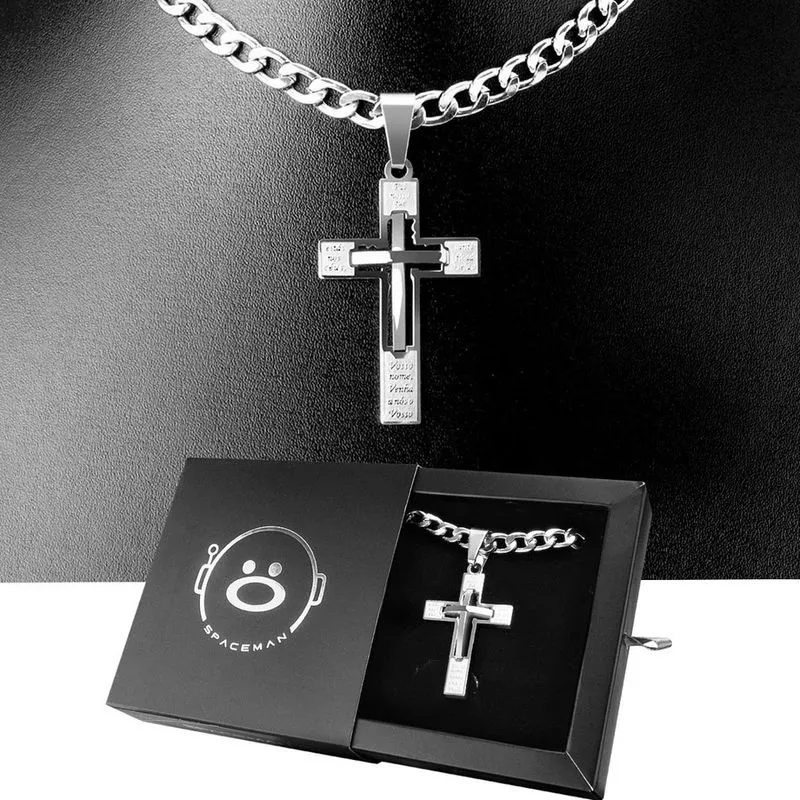 Cordão prata aço inox + caixa + pingente crucifixo grande moda masculina qualidade premium casual