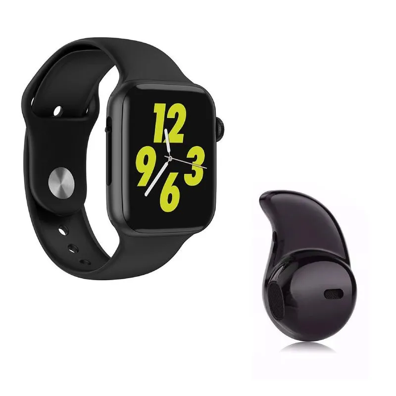 Kit 1 Relógio Inteligente SmartWatch W34 Preto Android iOS + 1 Mini Fone Bluetooth Preto