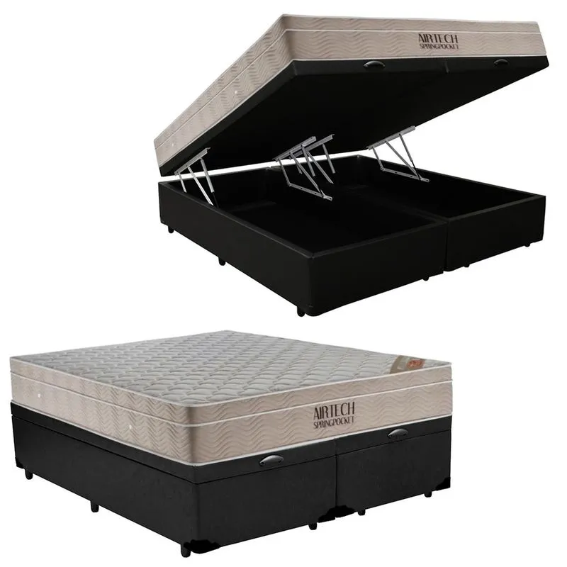 Cama Box Baú King Sintético Bipartido + Colchão Ortobom Airtech Molas Ensacadas 65x193x203 Preto