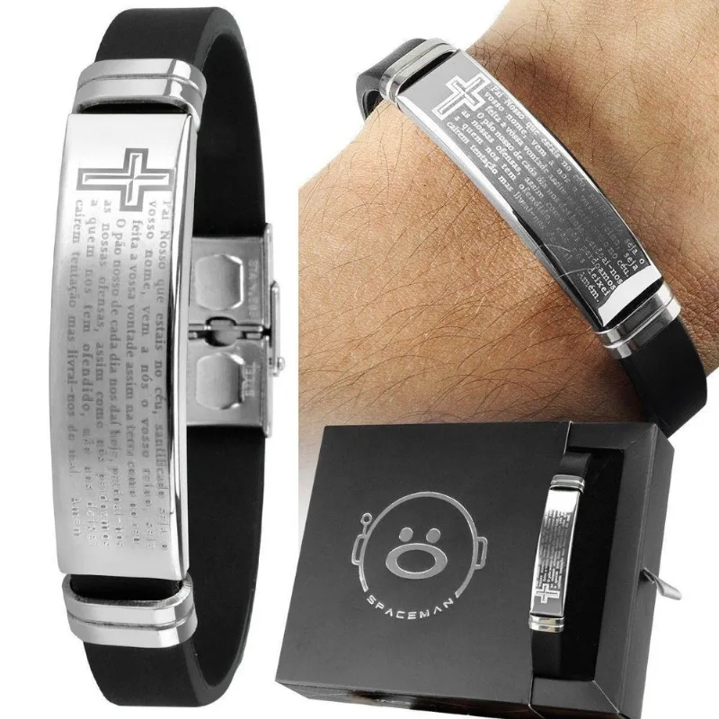 Pulseira Aço Inox Pai Nosso Masculina Placa Prata + Caixa