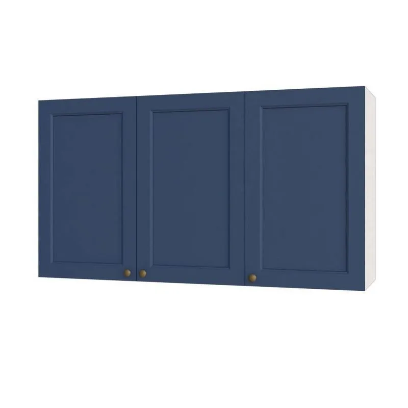 Armário Aéreo Cozinha Aurora 120cm 3 Portas MDF MDP Branco Com Azul
