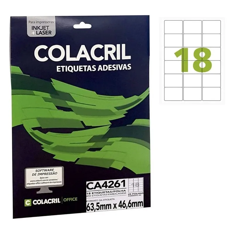 Etiqueta Adesiva Colacril A4 CA4261 63,5x46,6mm 25Fls