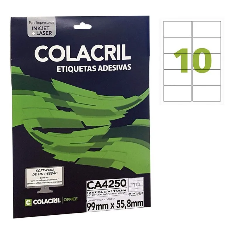 Etiqueta Adesiva Colacril A4 CA4250 99x55,8mm 25Fls
